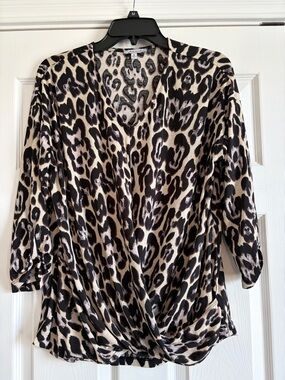 White Birch Leopard Print V-Neck Draped Blouse